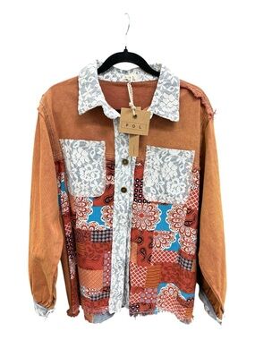 POL Mixed-Print Patchwork Jacket in Rust, Blue, White